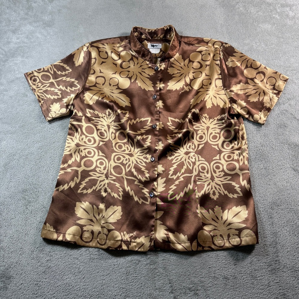Vintage Mamo Howell Button Up Shirt Womens XL Brown Floral Satin Hawaiian Aloha